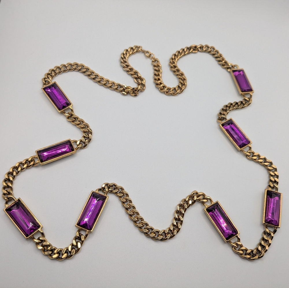 Gold and Purple Stones Station Vintage Chain Necklace
